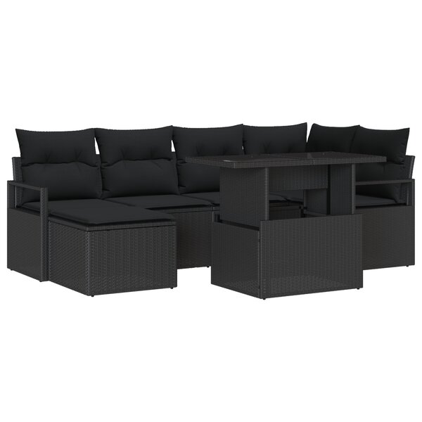 Ensemble Canapé Jardin 7 pièces avec Coussins Rattan Poly Noir