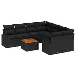 Ensemble de Canapé de Jardin 9 pièces avec Coussins Noir Poly Rattan Acacia