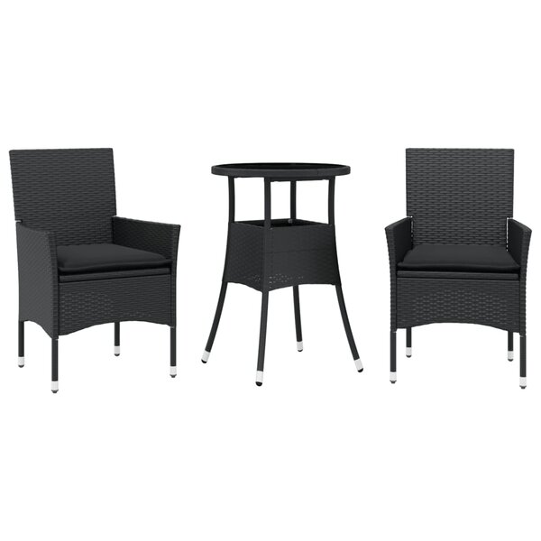 vidaXL Ensemble à manger de jardin et coussins 3 Pièces noir rotin verre