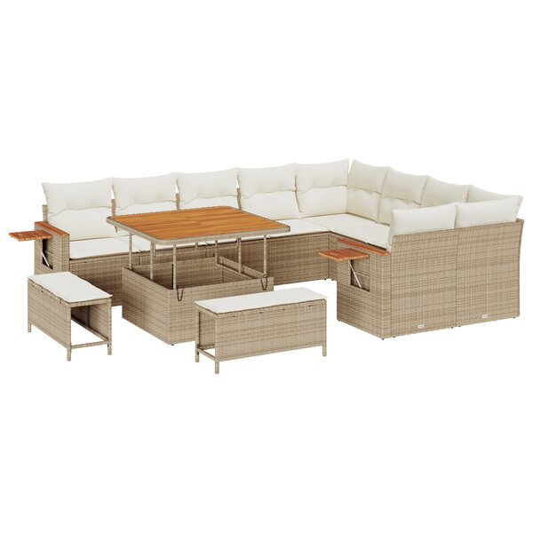 Ensemble de Canapé de Jardin de 12 Pièces avec Coussins Beige Rotin Poly Acacia