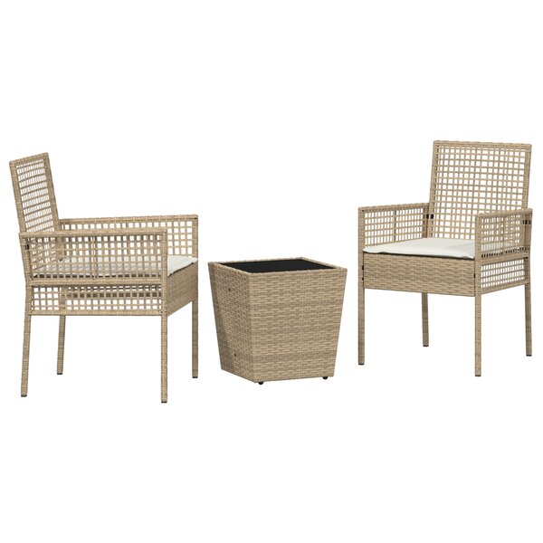 Ensemble Bistro de Jardin 3 Pièces avec Coussins Beige en Poly Rattan
