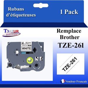 Ruban d'étiqueteuse compatible avec  Brother Tze261  Tze-261 pour étiqueteuses P-touch - Texte noir sur fond blanc - Largeur 36 mm x 8 mètres - T3AZUR