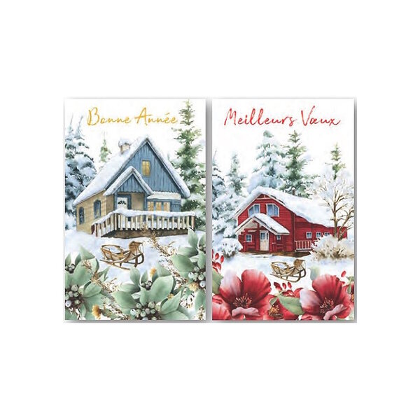 Carte De Voeux - 5 Cartes Bonne Année Chalets Enneigés Décor Pailleté Brillant