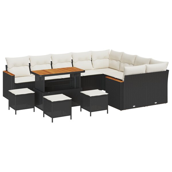 Ensemble de Canapé de Jardin 13 Pièces avec Coussins Noir Rotin Poly Acacia