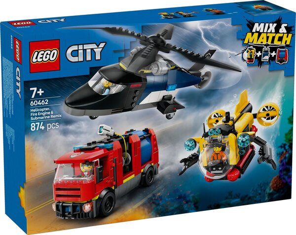 LEGO City - Ensemble Hélicoptère  Camion de Pompiers et Sous-Marin Modulable 60462 pour Enfants de 7 Ans et Plus