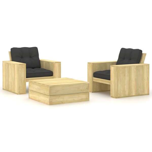Salon de jardin meuble d'extérieur ensemble de mobilier 3 pièces avec coussins bois de pin imprégné 02_0015930