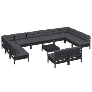 Salon de jardin meuble d'extérieur ensemble de mobilier 13 pièces avec coussins noir bois de pin massif 02_0015767