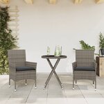 vidaXL Ensemble de bistro avec coussins 3 Pièces gris rotin et verre