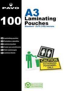Pqt de 100 Pochettes à plastifier A3 150 Microns (2x75) Brillante PAVO