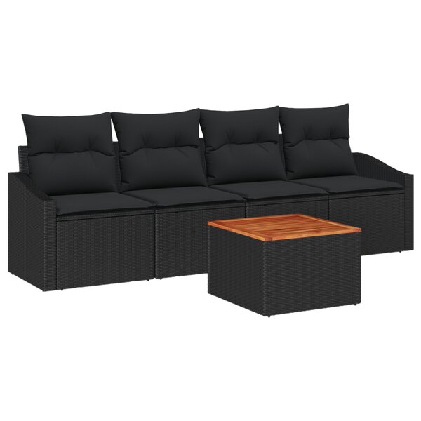 vidaXL Ensemble de 5 Canapés de Jardin avec Coussins Noirs en Polyrattan d'Acacia