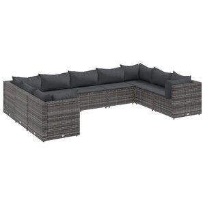 vidaXL Salon de jardin 9 Pièces avec coussins Gris Résine tressée
