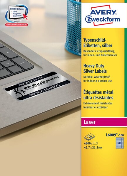Bte de 4800 etiquettes métallisées ultra résistantes 45,7 x 21,2 mm argent avery zweckform