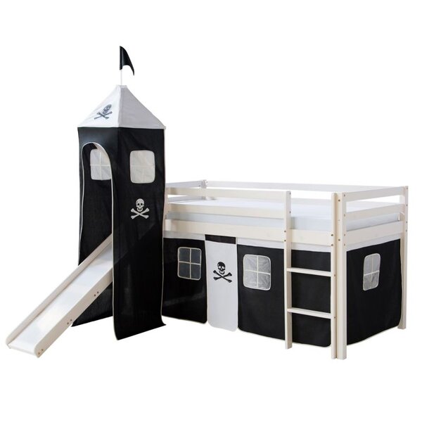 Lit mi-hauteur enfant toboggan tour pin rideau pirate noir 90x200