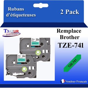 2x Rubans d'étiqueteuses compatibles avec Brother Tze741  Tze-741 pour étiqueteuses P-touch - Texte noir sur fond vert
