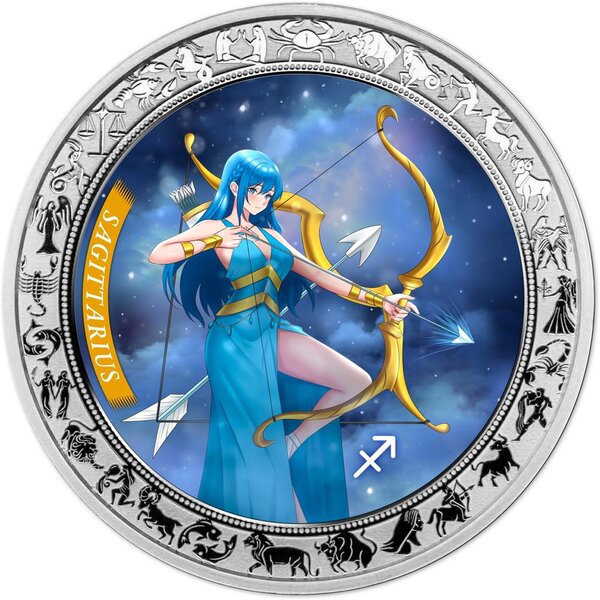 Pièce de monnaie en Argent 5 Cedis g 31.1 (1 oz) Millésime 2025 Anime Zodiac SAGITTARIUS (PRÉCOMMANDE)