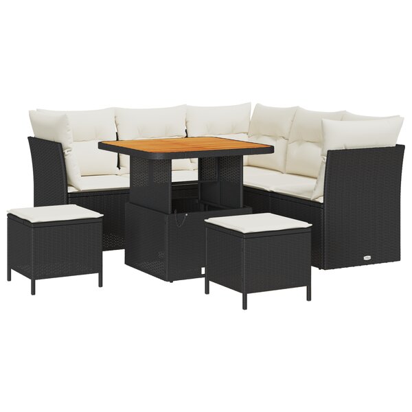 Ensemble de canapé de jardin 8 pièces avec coussins en poly rotin noir et acacia