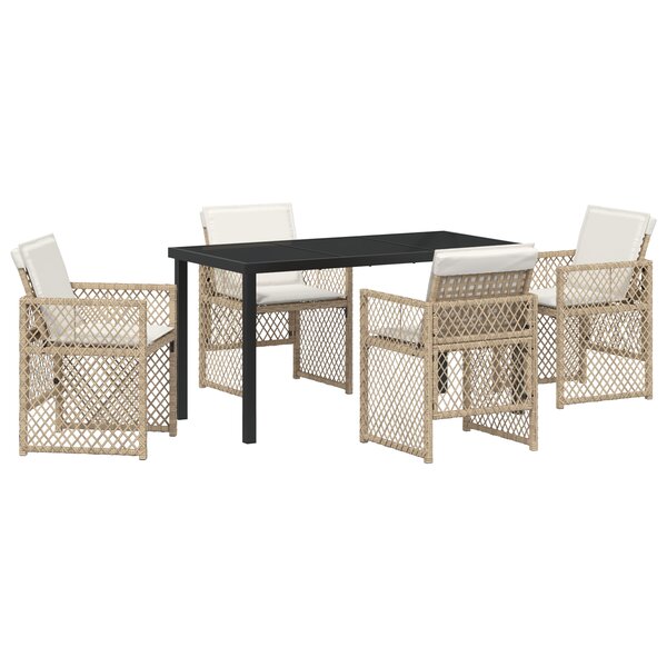Ensemble de salle à manger de jardin 5 pièces avec coussins beige poly rattan