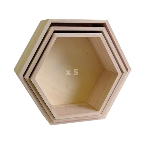 5 blocs de 3 étagères hexagone en bois 24-30 cm