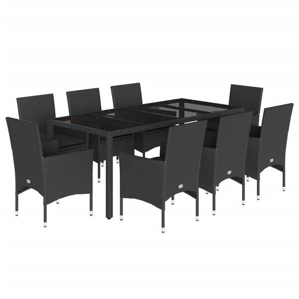 vidaXL Ensemble à manger de jardin et coussins 9 Pièces noir rotin verre