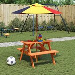 vidaXL Table de pique-nique pour 4 enfants avec trou de parasol sapin