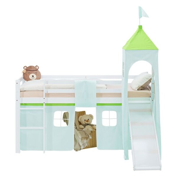 Lit mezzanine 90x200cm avec toboggan  tour et rideau pin vert