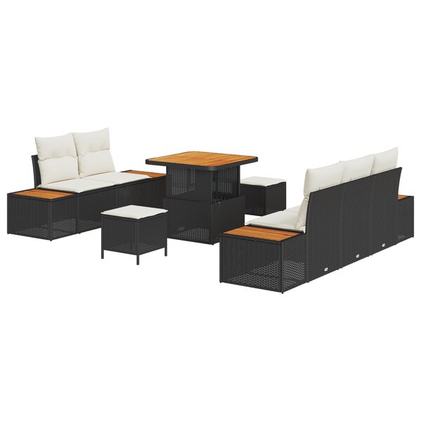 Set de canapé de jardin 8 pièces avec coussins noir rotin poly acacia