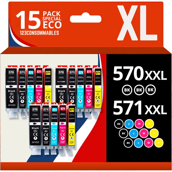 570 571XL - Pack 15 cartouches Canon 570/571 XL compatibles Pixma MG5751 MG5752