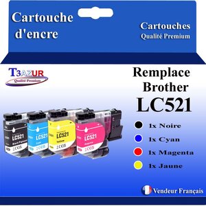 T3AZUR - 4x Toners compatibles avec Brother DCP-J1260W DCP-J1310DW DCP-J1360DW DCP-J1460DW remplace Brother LC521