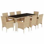 vidaXL Ensemble à manger de jardin et coussins 9 Pièces beige rotin verre