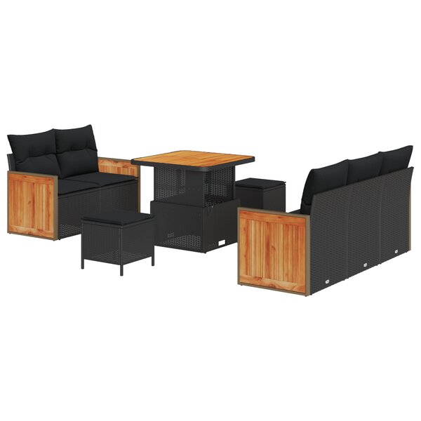 Ensemble de Canapé de Jardin 8 Pièces avec Coussins Noir Poly Rattan Acacia