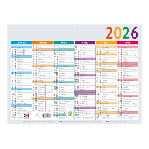 Calendrier Mural 2026 - 22 x 29.5 cm - Multicouleurs