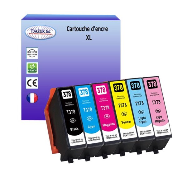 T3AZUR- 6x Cartouches Compatible avec Epson 37XL 37 XL remplace Epson Expression Photo XP15000 XP8500 XP8505 XP8600 XP8605