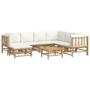 Salon de jardin meuble d'extérieur ensemble de mobilier 8 pièces avec coussins blanc crème bambou 02_0017483