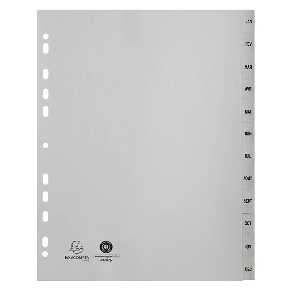 Intercalaires Imprimés Mensuels Pp Recyclé Gris Janvier-décembre 12 Positions - A4 Maxi - Gris - X 10 - Exacompta