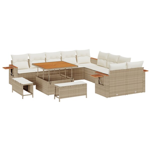 Ensemble de sofa de jardin 13 pièces avec coussins Beige Poly Rotin Acacia