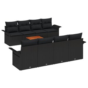 Ensemble canapé jardin 9 pièces avec coussins en poly rattan noir acacia