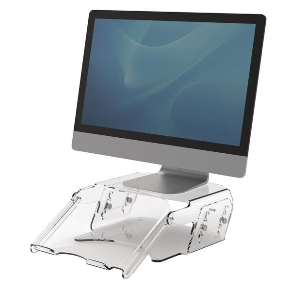 Support pour écran Clarity avec porte-documents, réglable en hauteur, en acrylique transparent