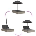 vidaXL Chaise longue double avec coussins et parasol gris clair rotin
