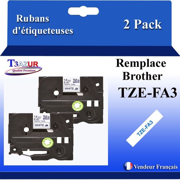 2x Rubans d'étiqueteuses compatibles avec Brother TzeFA3  Tze-FA3 pour étiqueteuses P-touch - Texte bleu sur fond blanc