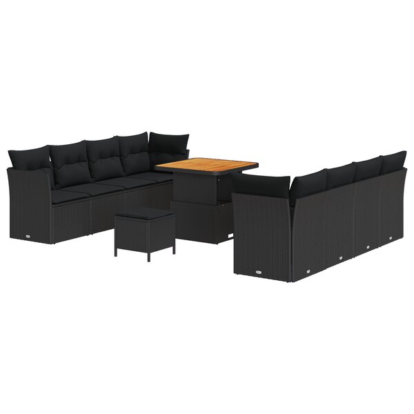 Ensemble Sofa de Jardin 11 Pièces avec Coussins Noir Poly Rotin Acacia