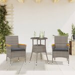 vidaXL Ensemble à manger de jardin et coussins 3 Pièces gris rotin verre