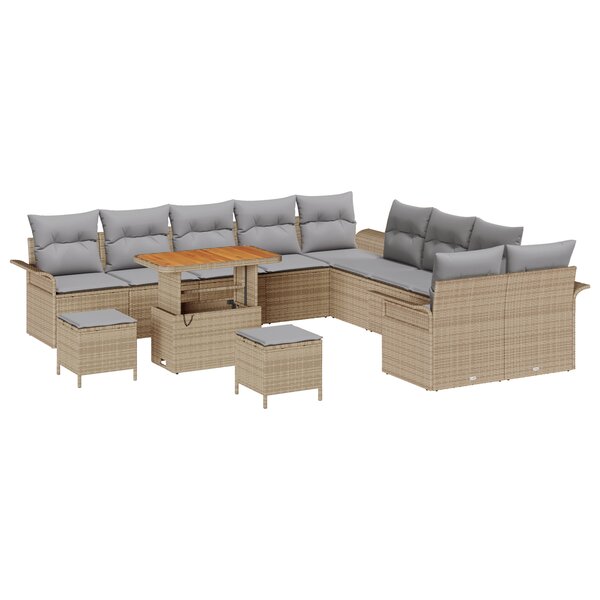Ensemble de canapés de jardin 13 pièces avec coussins beige poly rattan acacia
