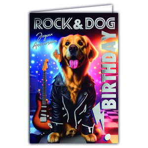 67-1268 Carte ANNIVERSAIRE Chien Rock&Roll Guitare électrique Texte Argenté Brillant et Enveloppe 12x17 5cm labrador golden retriever Animal de compagnie déguisé veste perfecto cuir noir éclair rock