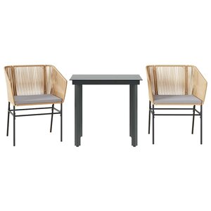 vidaXL Ensemble à manger jardin coussins 3Pièces marron poly rotin verre