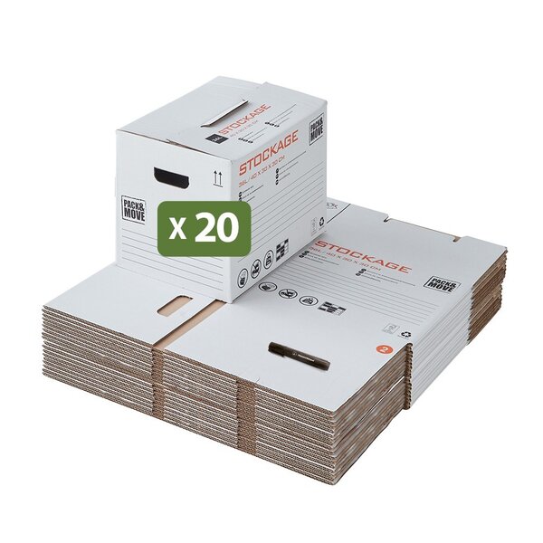 Pack and Move - Lot 20 cartons stockage - 40 x 30 x 30 cm - Poignées renforcées - 1 marqueur offert