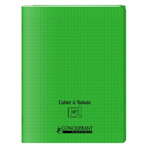 Cahier à rabat agrafé 24x32cm 96P 90G grands carreaux polypro vert CONQUÉRANT