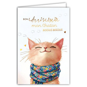 69-3121 Carte Anniversaire pour Fille Chat Chaton Câlin Bisous Foulard Fleuri Peinture Aquarelle Mignonne -Finitions Dorure Or Doré + Gaufrage en Relief +1 Enveloppe Format 12x17cm -Fabriqué en Europe
