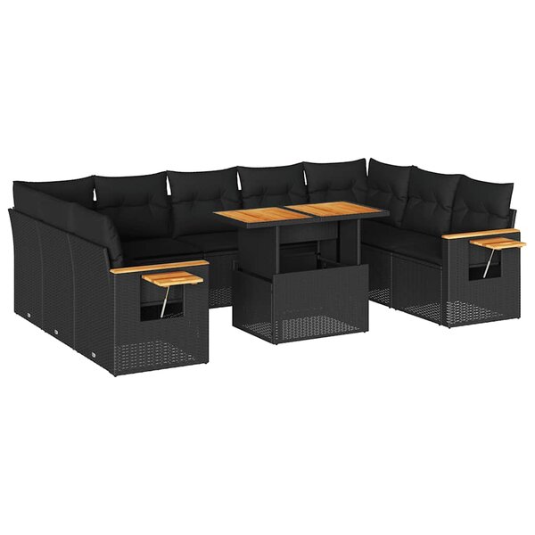 vidaXL Salon de jardin 10 Pièces avec coussins noir résine tressée acacia