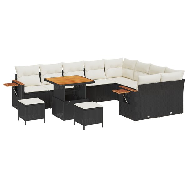 Ensemble de canapé de jardin de 12 pièces avec coussins en Rotin Poly Noir Acacia