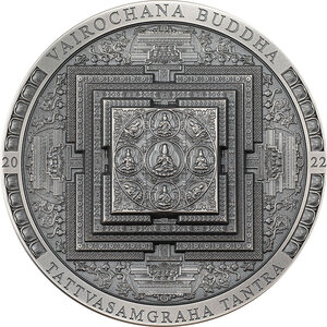 Monnaie VAIROCHANA BUDDHA MANDALA Archeology Symbolism Antiqued 3 Oz Argent 2000 Togrog Mongolia 2022